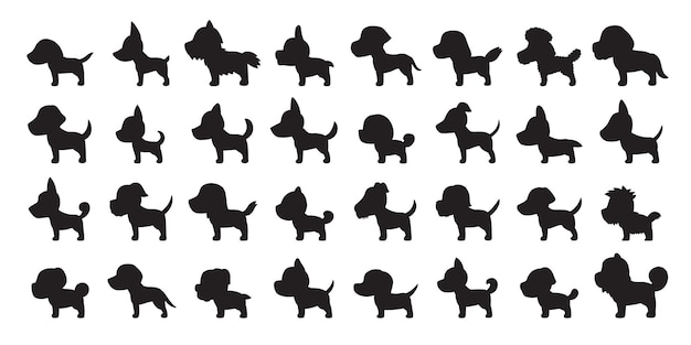 Vector cartoon silhouette dogs of various breeds side view