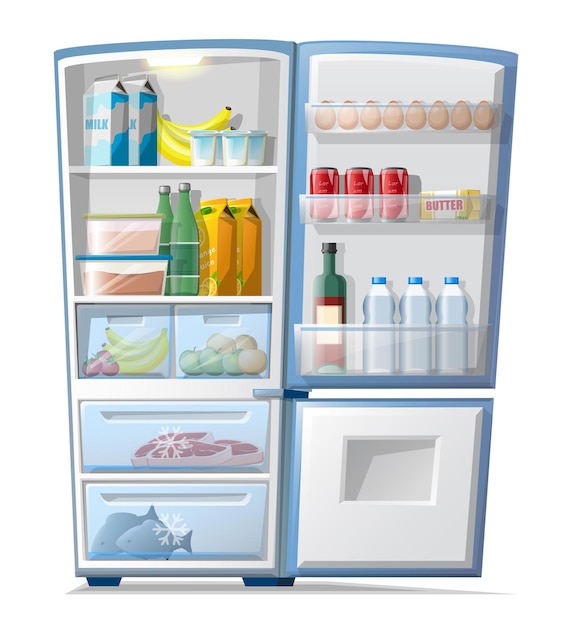 Vector cartoon style fridge with food inside frozen meat and fish, bottles of water and juice