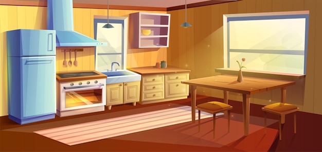 Vector cartoon style illustration of kitchen room. Dining room with dining wooden table. Fridge, ove