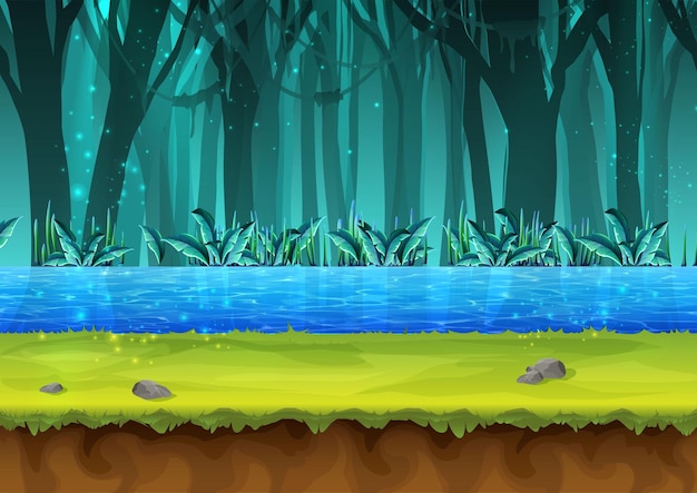 Vector cartoon style seamless mystery rain forest illustration for game design, app, websites.