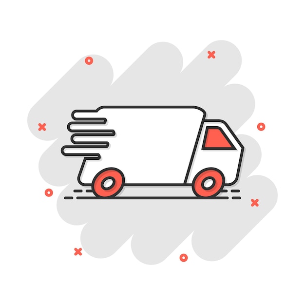 Vector cartoon truck car icon in comic style Fast delivery service shipping sign illustration pictogram Car van business splash effect concept