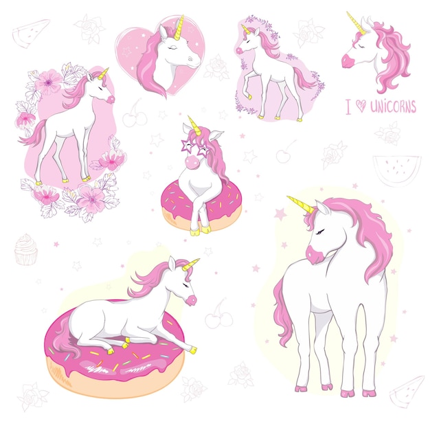 Vector cartoon unicorns magic objects set Unicorns walking puking rainbow eating doughnut skateboarding playing with magic wand Cloud star with face emotions headphones smartphone ice cream