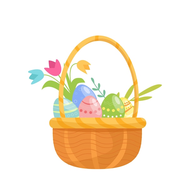 Vector cartoon wicker basket with easter eggs and tulips