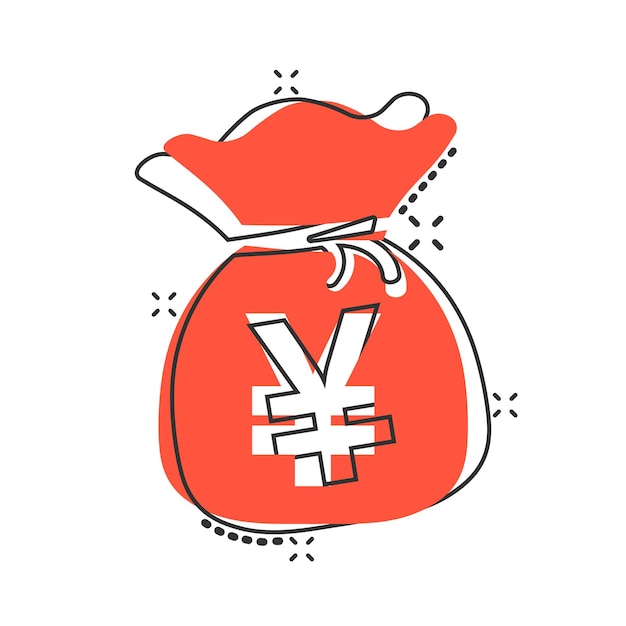 Vector cartoon yen yuan bag money currency icon in comic style Yen coin sack concept illustration pictogram Asia money business splash effect concept