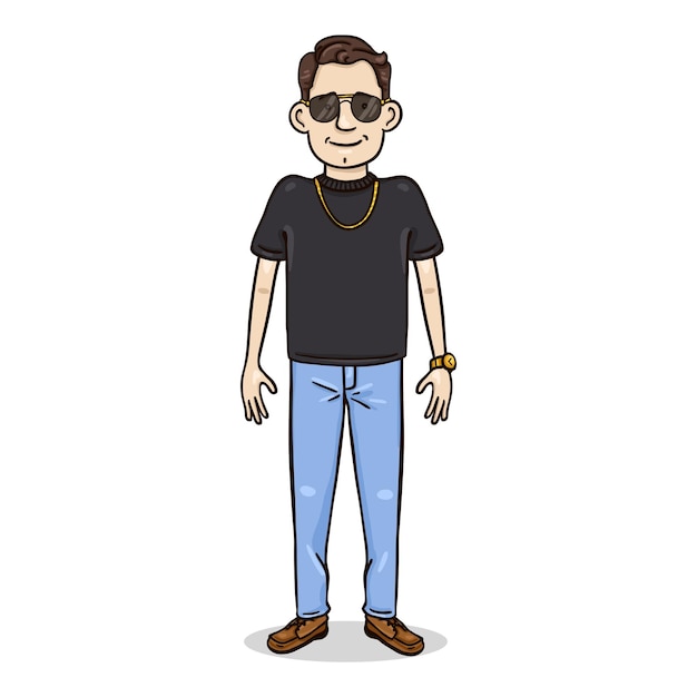 Vector Cartoon Young Man in Sunglasses and Black Tshirt Rich Guy with Golden Accessories