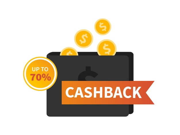 Vector cashback label with wallet Business cash back icon Return of money from purchases Modern cashback bunner Up to 70 percent