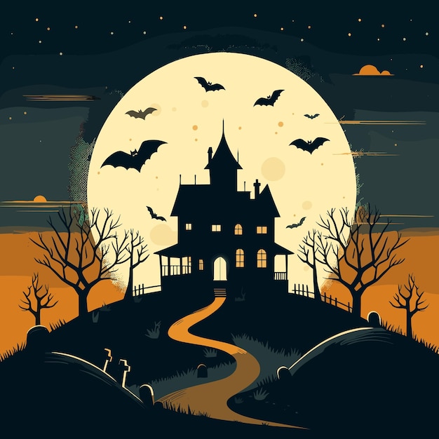 Vector vector castle and bats silhouette scary night illustration