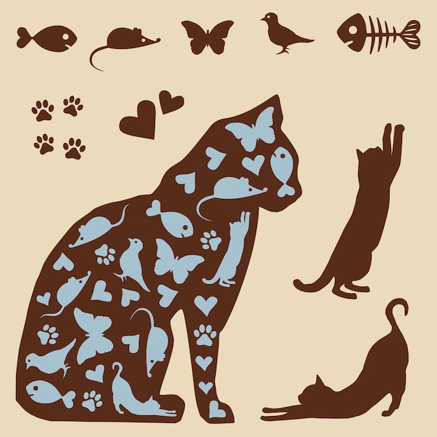 Vector cat themed silhouettes, cats and what they love