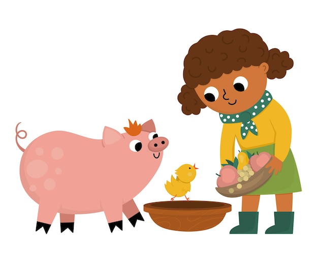 Vector cattle breeder icon Farmer girl feeding animals Cute kid doing agricultural work Rural country scene Child with cute pig and chicken Funny farm illustration with cartoon characters