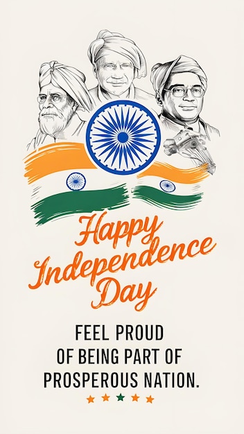 vector celebrating Indian Independence Day featuring the Indian flag and prominent Indian historica