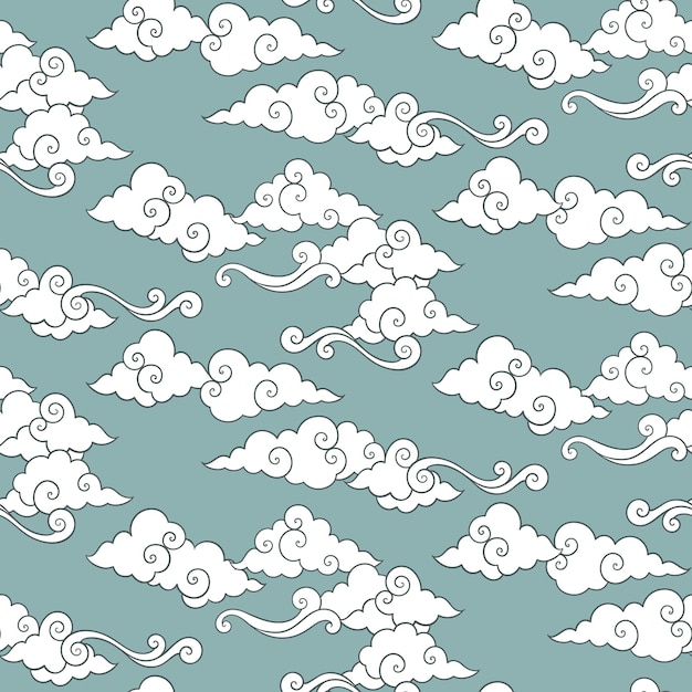 Vector celestial seamless pattern with oriental clouds Pastel hand drawn cozy textile magic design