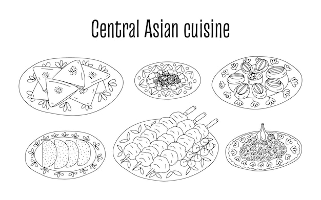 Vector central Asian food cuisine dishes set Hand drawn plates with central Asian food samsa besh barmak shashlik manti qutab and pilaf set