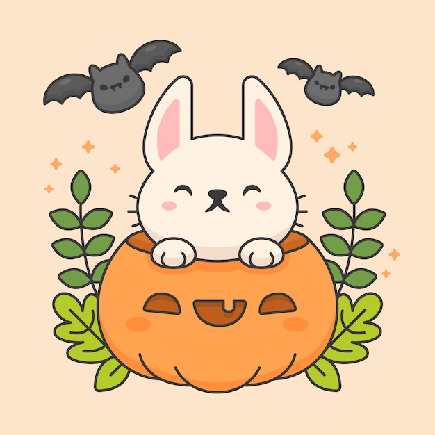 Vector character of cute rabbit in a pumpkin with leaves and bats