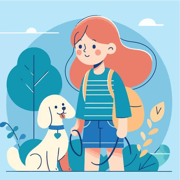 Vector vector character of a girl with a dog simple and minimalist flat design style