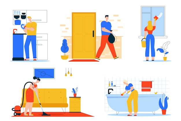 Vector character illustration of cleaning house scenes, doing housework, daily routine. Man washes dishes in kitchen, throws garbage. Woman washes window and bath, vacuuming floor in living room