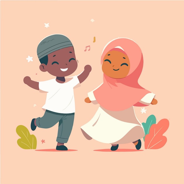 vector character of a muslim kid dancing happily minimalist flat design style