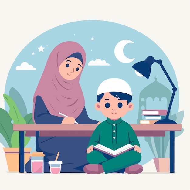 vector character of a muslim kid studying minimalist flat design style