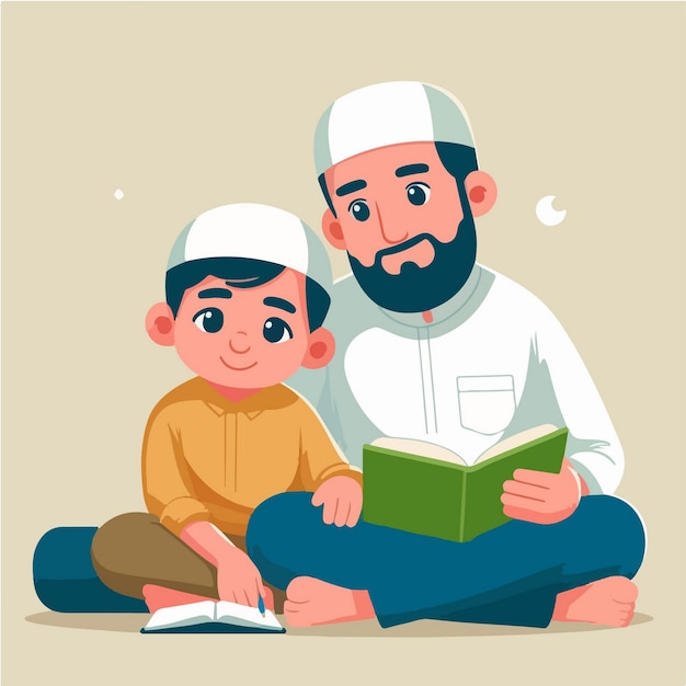 vector character of a muslim kid studying minimalist flat design style