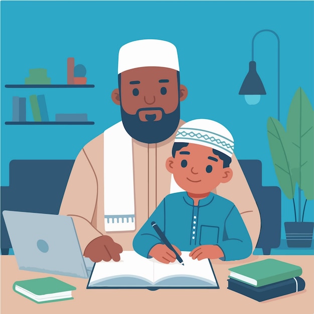 vector character of a muslim kid studying minimalist flat design style