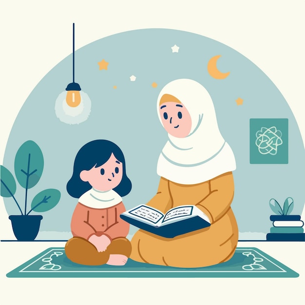 vector character of a muslim kid studying minimalist flat design style