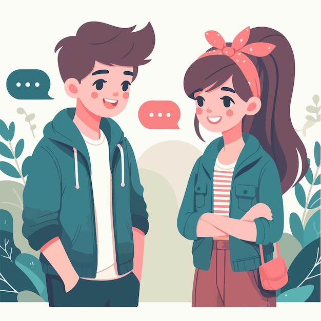 Vector characters of a teenage couple talking in a simple and minimalist flat design style