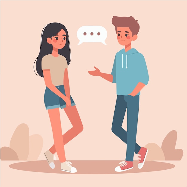 Vector characters of a teenage couple talking in a simple and minimalist flat design style