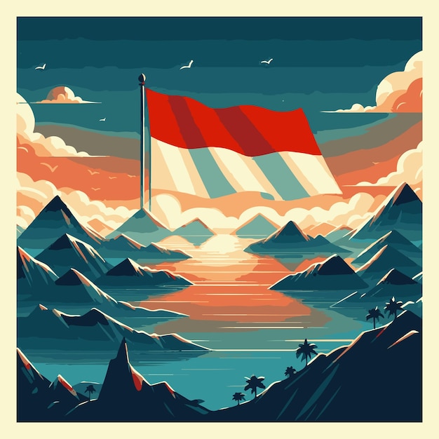 vector charm coastal indonesia twilight along with the red and white flag fluttering