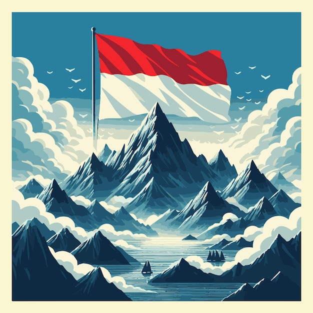 vector charm indonesia islands mountains and red and white flags