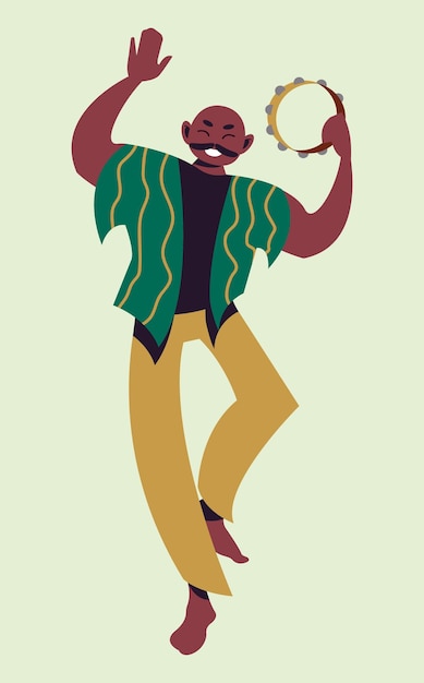 Vector cheerful bald man with mustache dancing and playing musical instrument tambourine