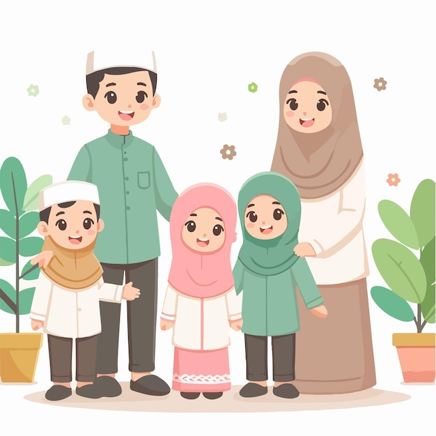 Vector of cheerful Muslim family characters in a simple and minimalist flat design style