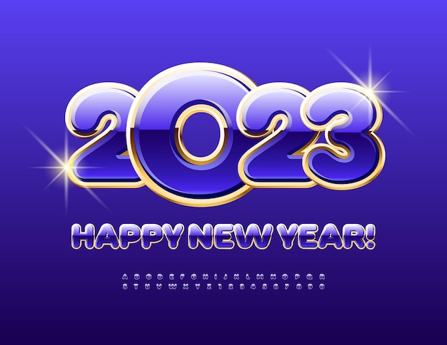 Vector chic Greeting Card Happy New Year 2023! Gold and Blue Alphabet Letters and Numbers set