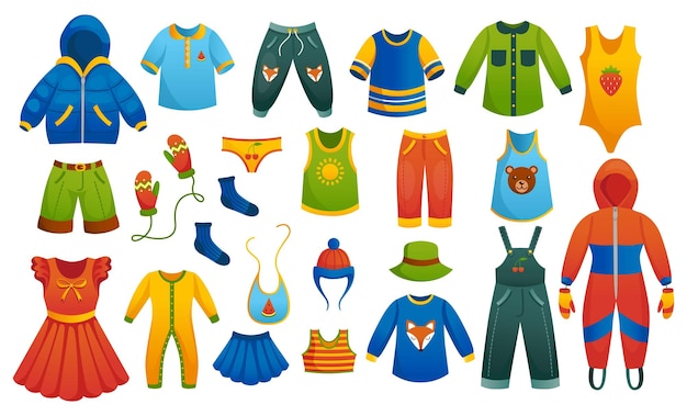 Vector child flat dress jacket pants and pajamas little icon