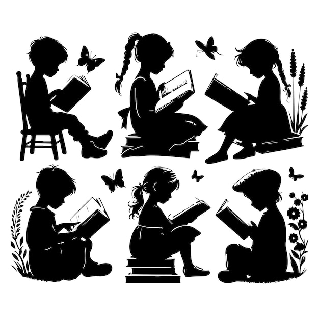 Vector vector child and girl reading set book silhouette black isolated on white background