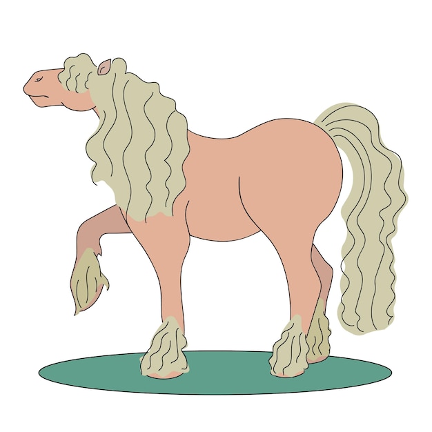 Vector children's drawing of a light red big draft horse with bangs in the eyes, curly mane and tail