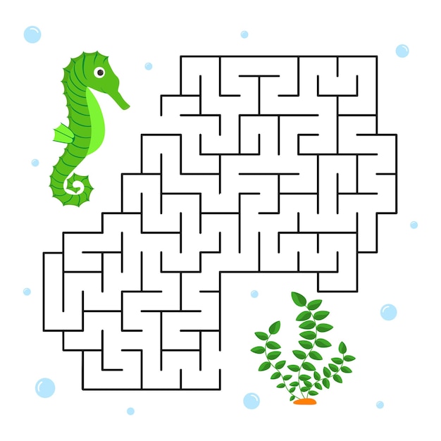 Vector childrens game maze Undersea world Help the Seahorse find the right path Labyrinth