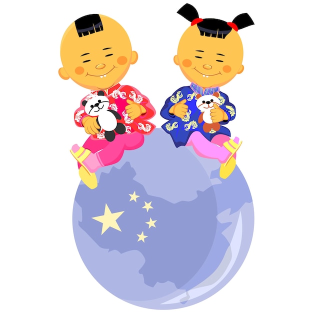 Vector chinese boy and girl in national costume sit against the background of the globe the stylized...