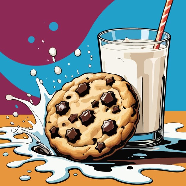 Vector vector of a chocolate chip cookie and a glass of milk are on a table