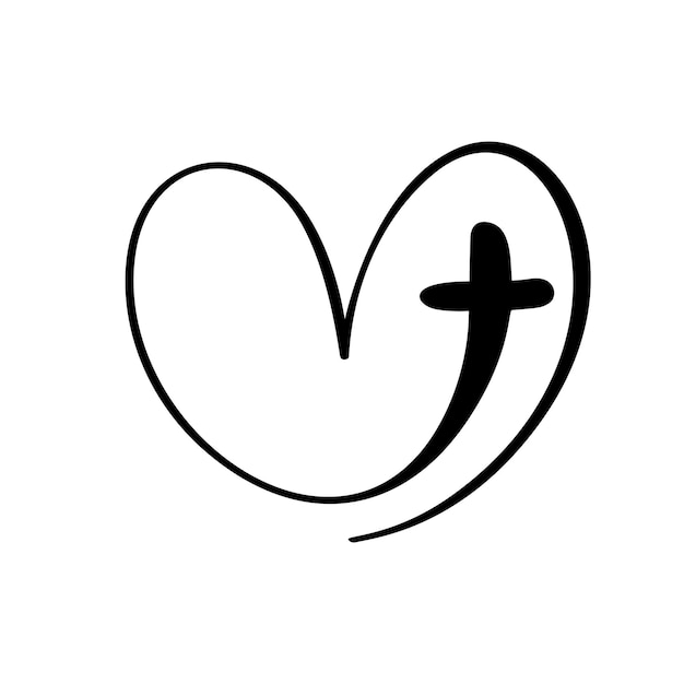 Vector Christian logo Heart with Cross on a White Background. Hand Drawn Calligraphic symbol. Minimalistic religion icon.