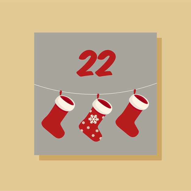 Vector Christmas advent calendar. Winter holidays poster with date 22 of december. Santa stocking.