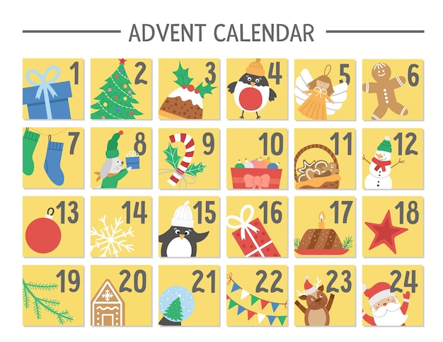 Vector Christmas advent calendar with traditional holiday symbols. Cute winter planner for kids. Festive poster or box packaging design with Santa Claus, fir tree, deer, present