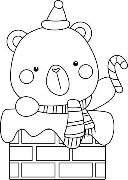 a vector of a Christmas bear coming out of a chimney in black and white colouring