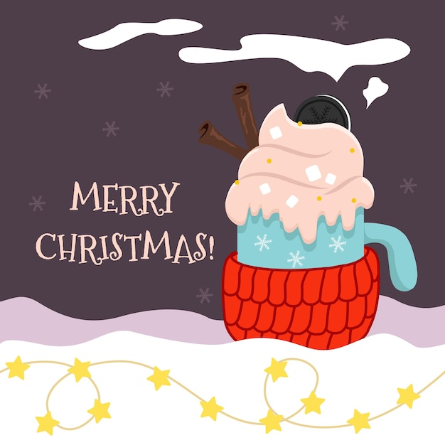 Vector Christmas card with a glass of hot drink in a knitted cup holder