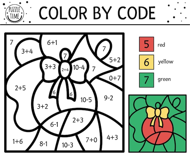 Vector Christmas color by number activity with colored ball. Simple winter holiday coloring and counting game with cute animal. Funny New Year color by code worksheet with math praxis for kids.