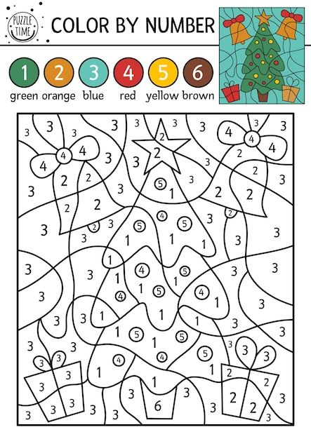 Vector Christmas color by number activity with fir tree bells gift boxes Winter holiday coloring and counting game with cute plant Funny New Year coloration page for kids xA