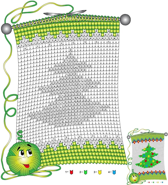 Vector Christmas coloring page. Tasks for children color by number in the shape of a knitted scarf with the image of a a Christmas tree