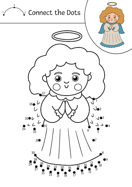 Vector Christmas dottodot and color activity with cute angel Winter religious holiday connect the dots game for children Funny coloring page for kids with traditional Christian symbolxA