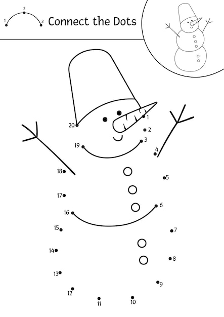 Vector Christmas dottodot and color activity with cute snowman Winter holiday connect the dots game for children with snow man Coloring page for kids with traditional New Year symbol xA