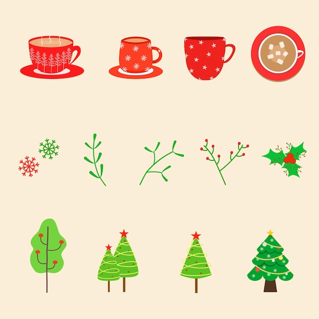 Vector  Christmas element collection Coffee cup and Xmas tree  Holiday season