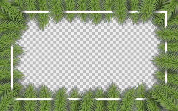 Vector christmas frame with pine branches with space for design. Cartoon new year frame backdrop, space for your text.