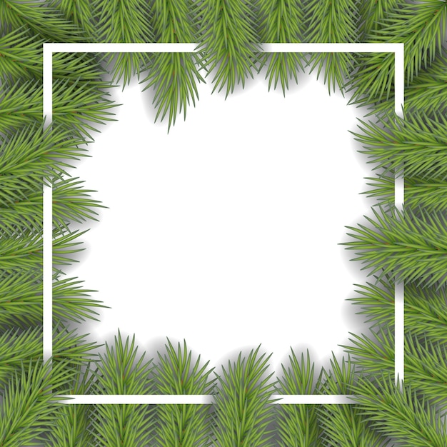 Vector christmas frame with pine branches with space for design. Cartoon new year frame backdrop, space for your text.